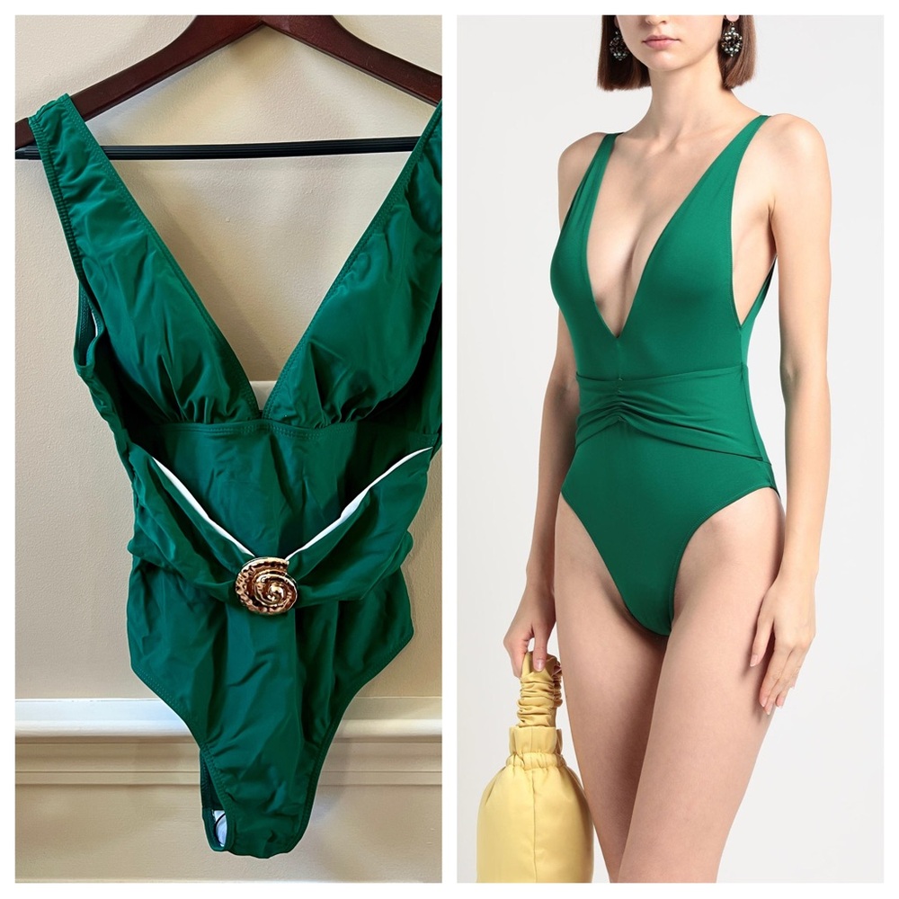 Green Plunge Swimsuit with Gold Accent